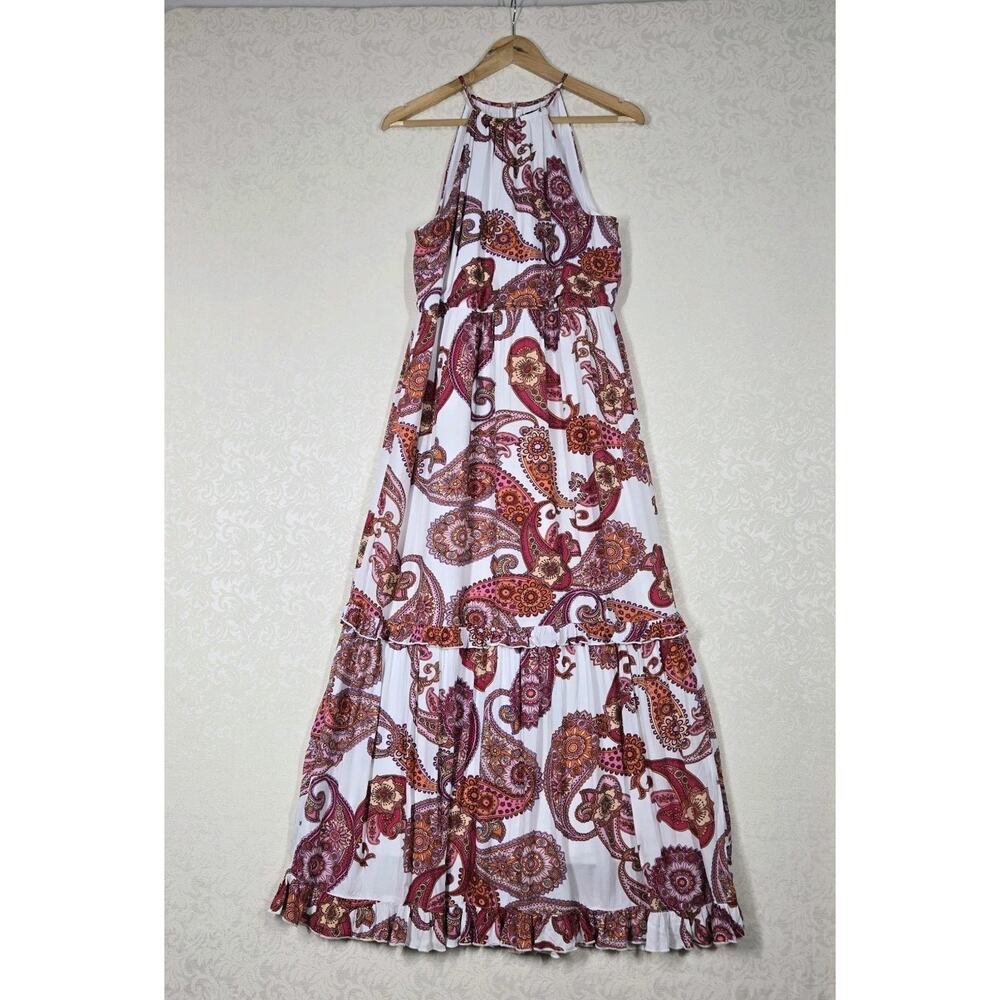 Express Paisley Halter Maxi Dress sz S White Pink Multicolor Tiered Boho NEW - Picture 3 of 16